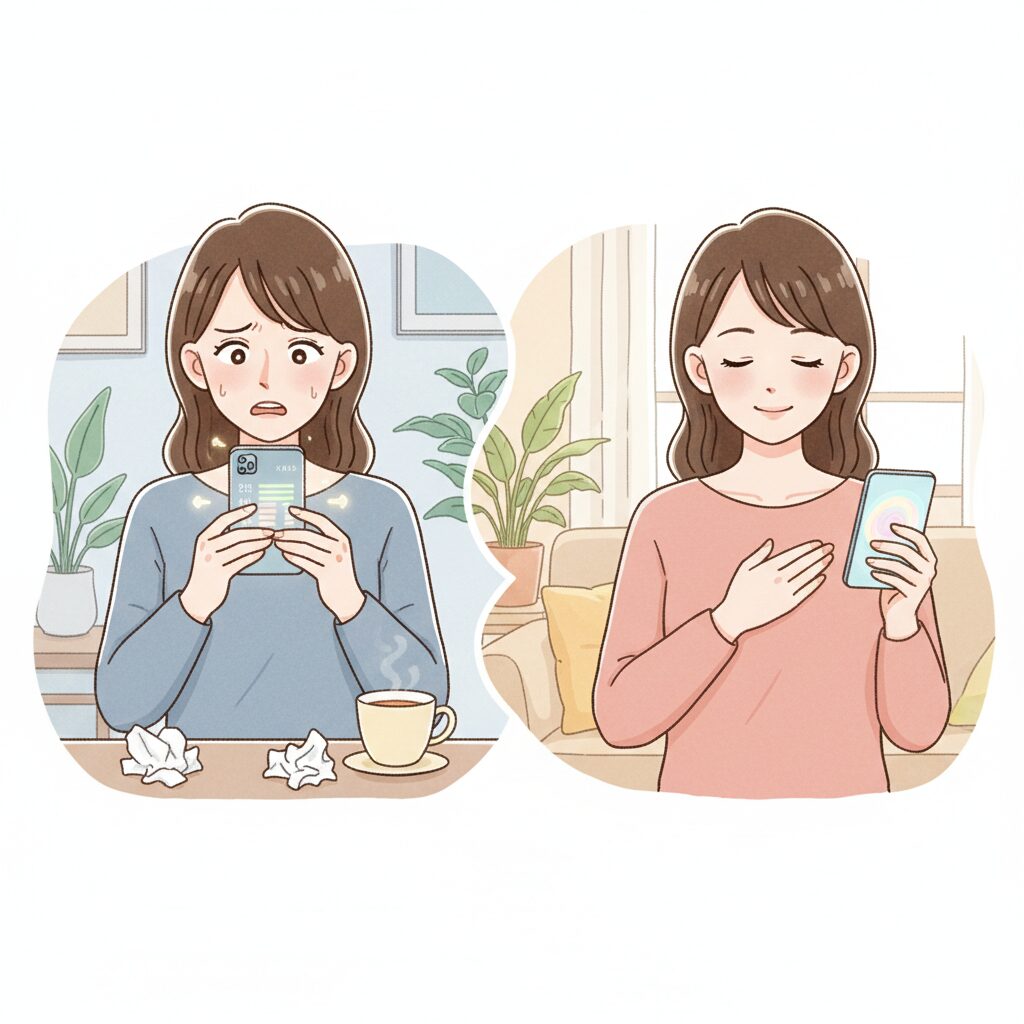 画数ランキングに一喜一憂せず、心を穏やかに保つ日本女性のイラスト