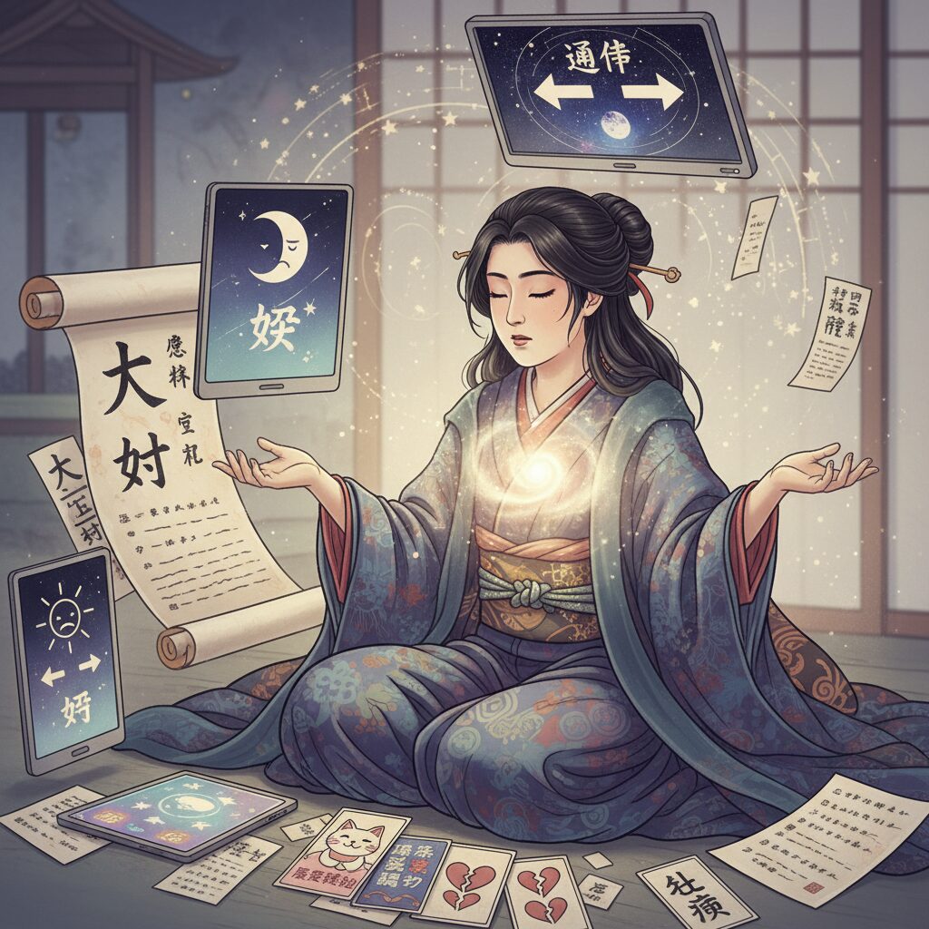 姓名判断の異なる結果に戸惑いながらも、最終的に自分の直感を信じる日本女性のイラスト