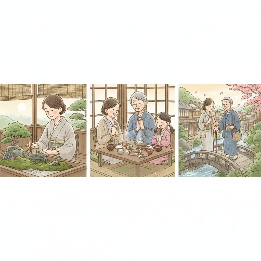 感謝と調和を大切にし、穏やかな日常生活を送る日本女性のイラスト