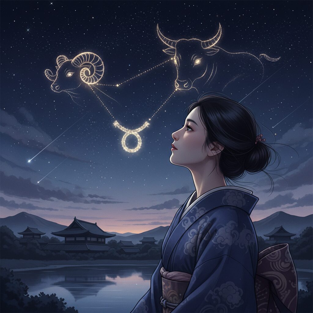 夜空を見上げ、おひつじ座とおうし座の星座を眺める穏やかな日本人女性のイラスト。4月生まれの星座が持つ不思議な魅力を示唆。