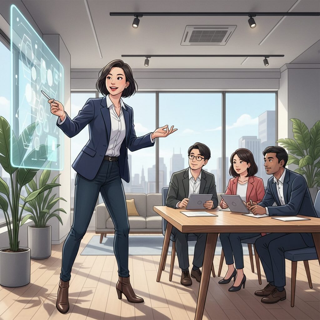 活発で自信に満ちた日本人女性が、オフィスでチームをリードし、情熱的に新しいアイデアを提案している様子。おひつじ座のリーダーシップと行動力を象徴。