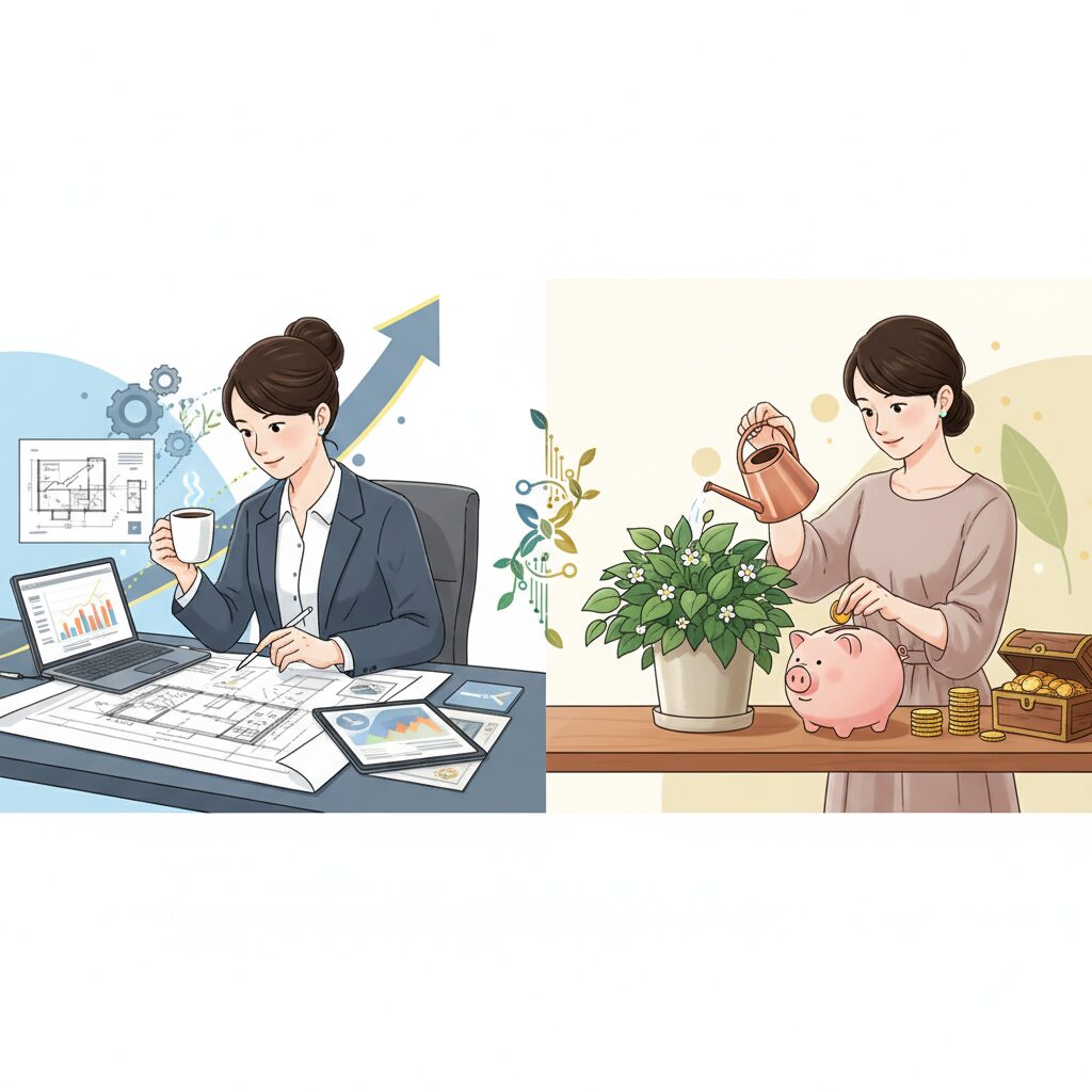 仕事に打ち込む日本人女性と、貯蓄や植物の手入れをする様子が描かれたイラスト。4月生まれの星座が持つ仕事運と金運のバランスと堅実さを表現。