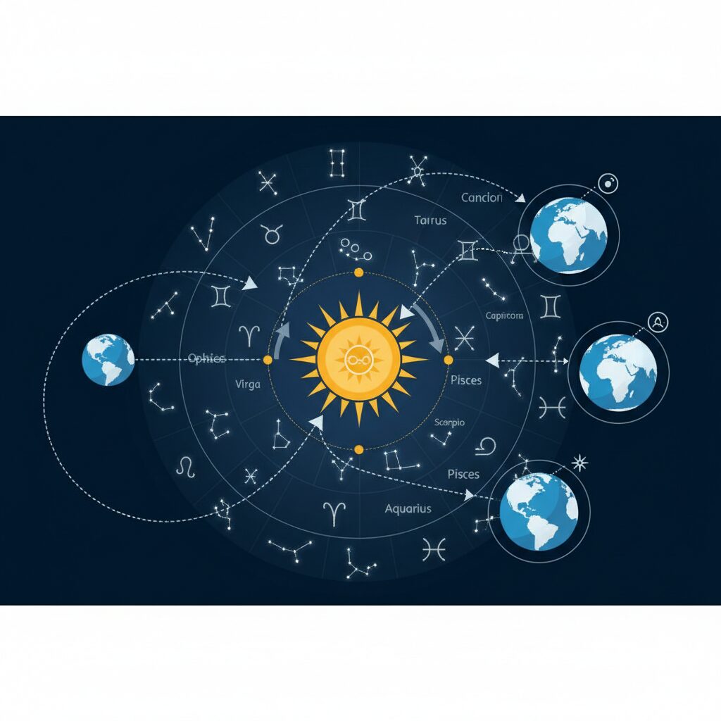 地球の歳差運動によって太陽の見かけ上の位置が星座に対してずれていく天文学的な現象を示したイラスト。星座占いの背景にある科学的事実を説明。