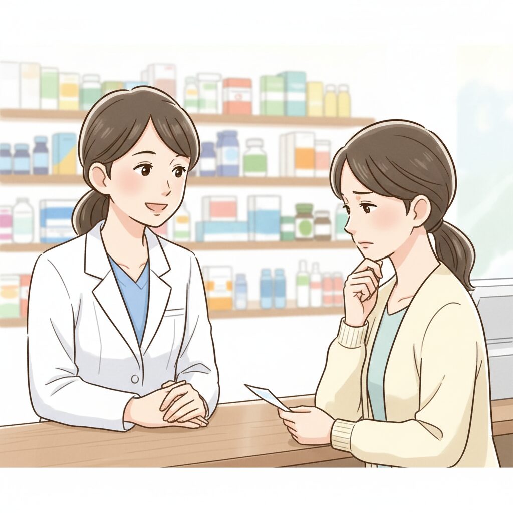 薬局のカウンターで薬剤師が患者の不安な話に耳を傾け、優しく寄り添っている様子。