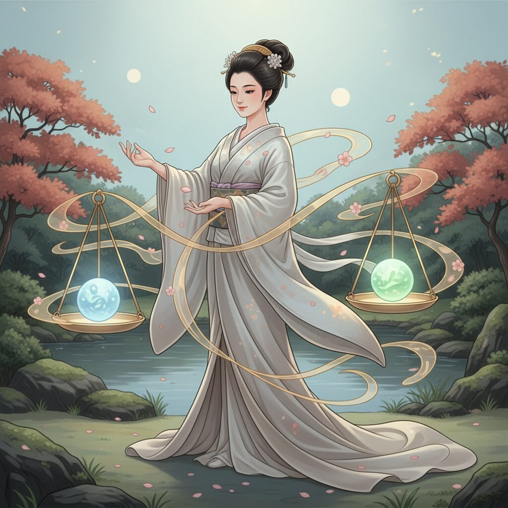 穏やかな表情でバランスを取り、調和を大切にする天秤座の日本人女性の様子。