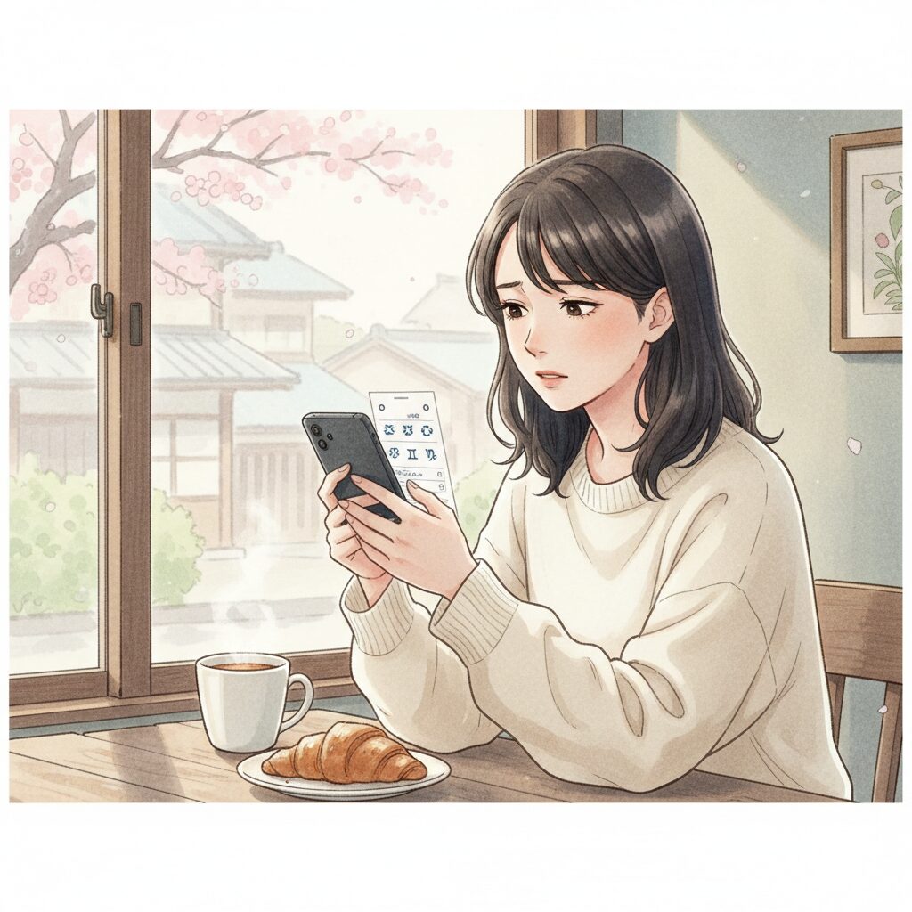 スマートフォンで今日の運勢を見て、少し心配しながらも受け入れている様子の日本人女性。