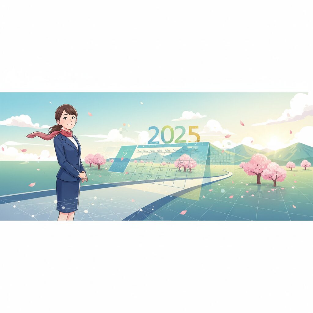 遠くの未来（2025年や2026年）を見据え、希望を持って計画を立てている日本人の姿。