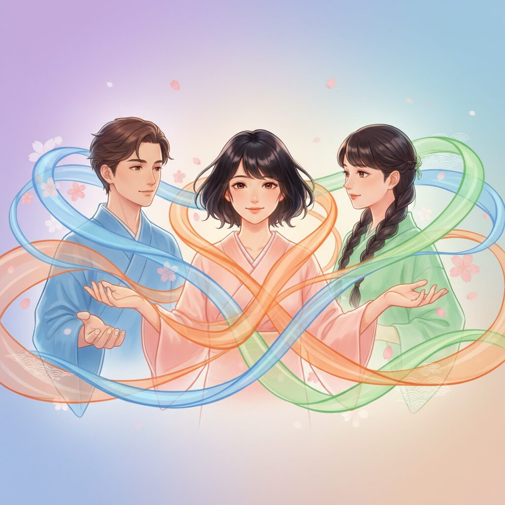 異なる個性を持つ日本人同士が穏やかに交流し、お互いを理解し合おうとしている様子。