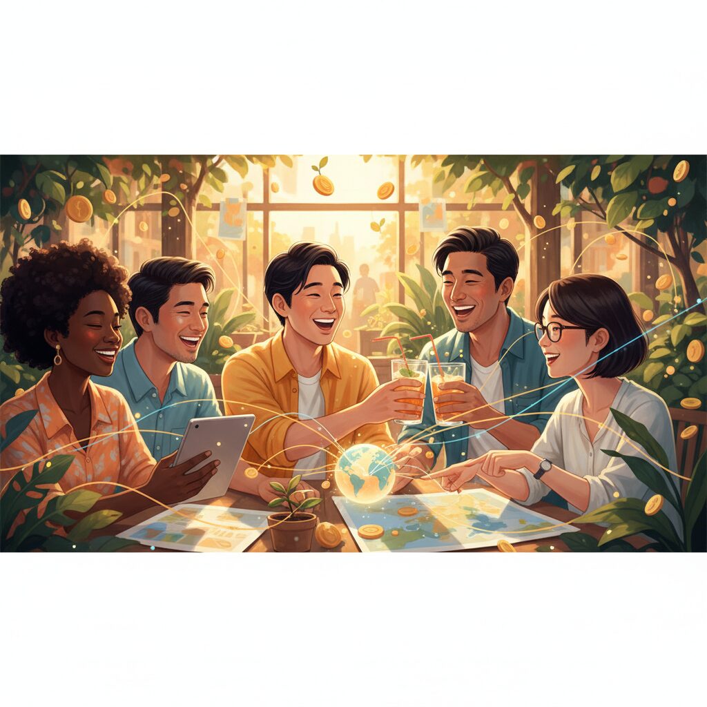 友人と楽しく交流し、会話から新しいチャンスや豊かさが生まれているような様子の日本人。