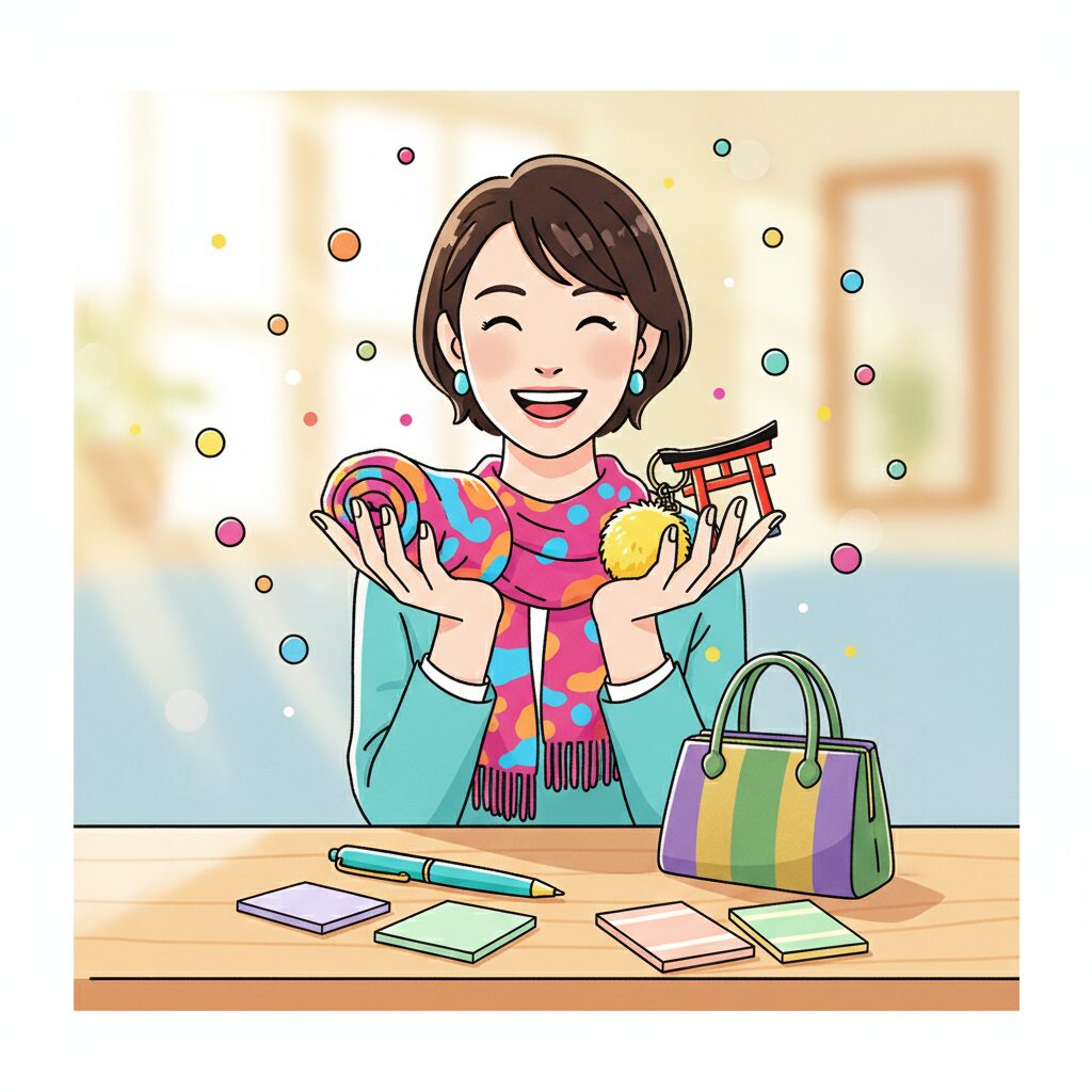 カラフルなラッキーアイテム（ハンカチ、小物など）を手に取り、明るい笑顔を見せる日本人女性。