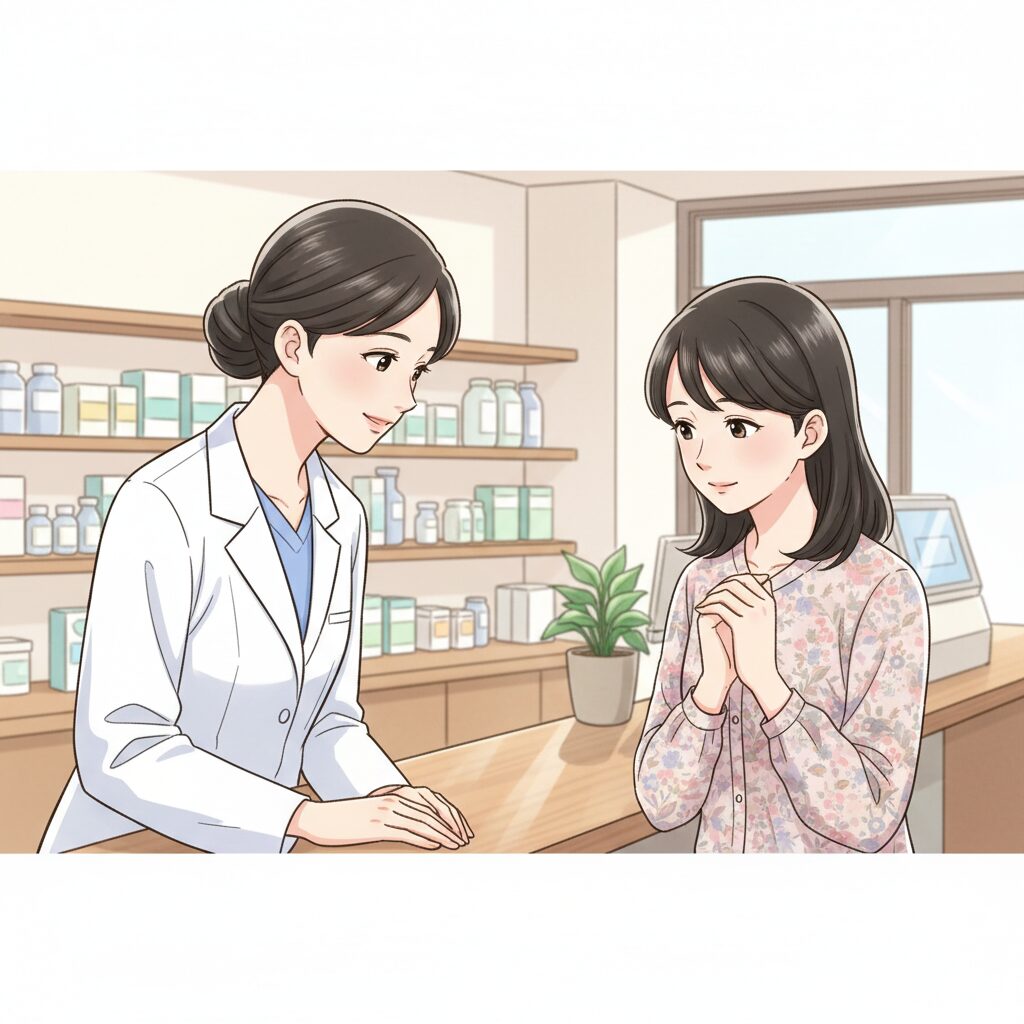 薬局のカウンターで、薬剤師が患者の悩みや疑問に耳を傾けている様子。患者はソマチッドについて尋ねており、薬剤師は優しく応じている。