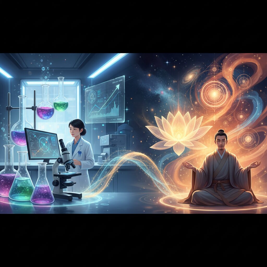 科学的なデータや実験器具と、精神的なエネルギーや瞑想を象徴する要素がバランス良く配置され、両者を結ぶ光が描かれたイラスト。科学とスピリチュアルの調和を表現。