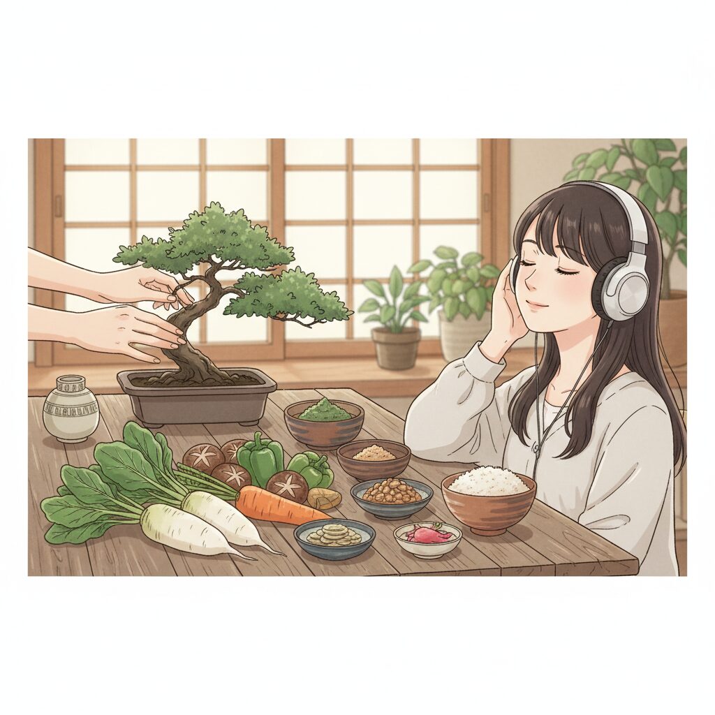 新鮮な野菜や発酵食品、植物に触れる手、音楽を聴く人など、感謝の気持ちや自然に触れる日常の様々なシーン。ソマチッド活性化の具体的な方法を表現。