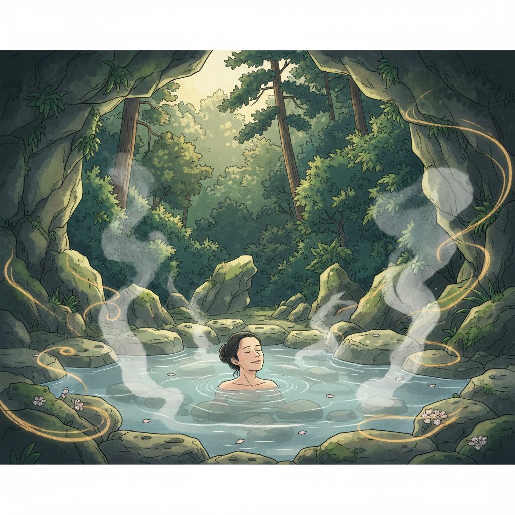 豊かな自然に囲まれた露天風呂で、湯けむりに包まれながら心身の安らぎを感じている日本人。温泉と地球のエネルギーによる癒やしを表現。