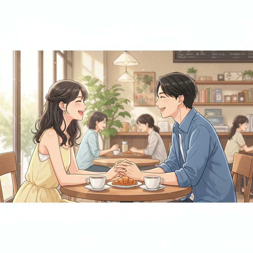 カフェで向かい合い、笑顔で楽しく会話する若い日本人カップル。