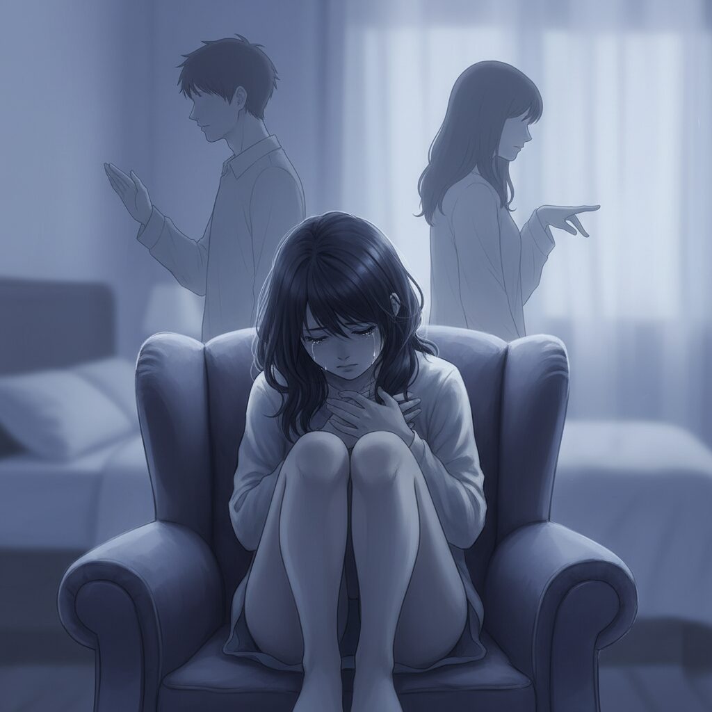悲しそうな表情で胸元を押さえ、一人で座っている若い日本人女性。背景には、背を向けているかのような好きな人の影がぼんやりと見える。