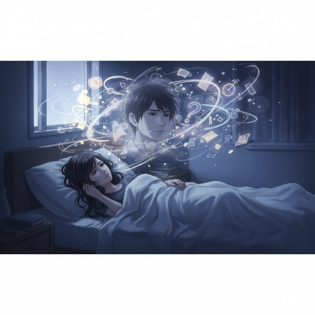 夜中にベッドで目覚め、好きな人のことで頭がいっぱいになり、少し疲れた表情を浮かべる若い日本人女性。
