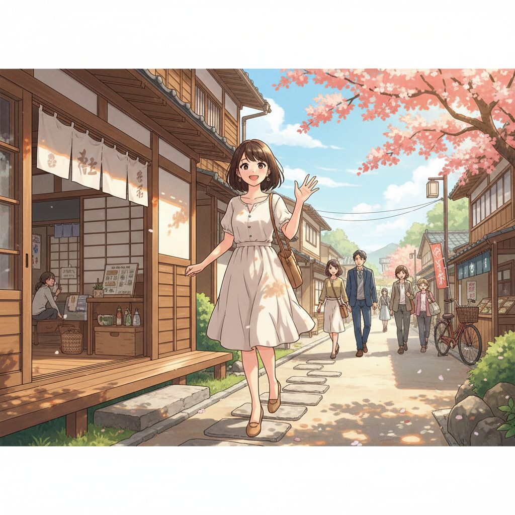 晴れた朝、清々しい表情で笑顔を見せながら前向きに一歩を踏み出す若い日本人女性。