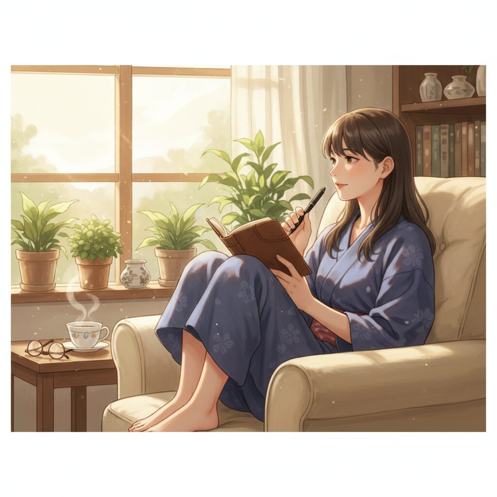 日当たりの良い部屋で、自分の気持ちを振り返るように遠くを見つめながら日記を手に座る若い日本人女性。