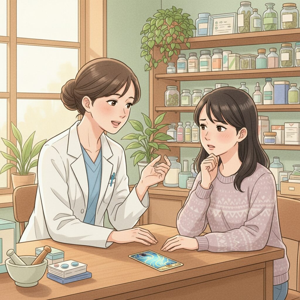 薬局で薬剤師の女性が患者の女性に優しく語りかけ、タロット占いの悩みに耳を傾けている様子。
