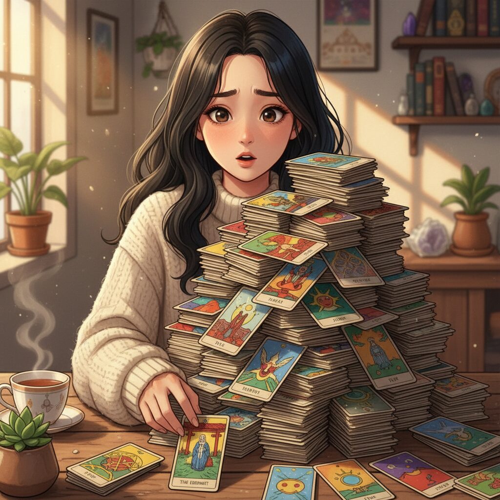 たくさんのタロットカードを前にして、丸暗記ではなく絵柄から何かを感じ取ろうとしている若い日本人女性。