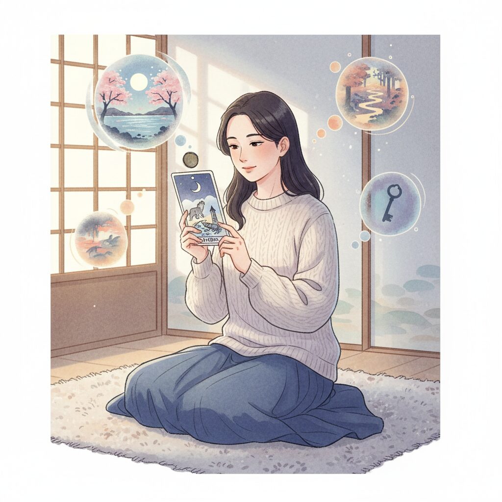 一枚のタロットカードを見つめ、絵柄から無意識の記憶や直感を読み解こうと内省する日本人女性。