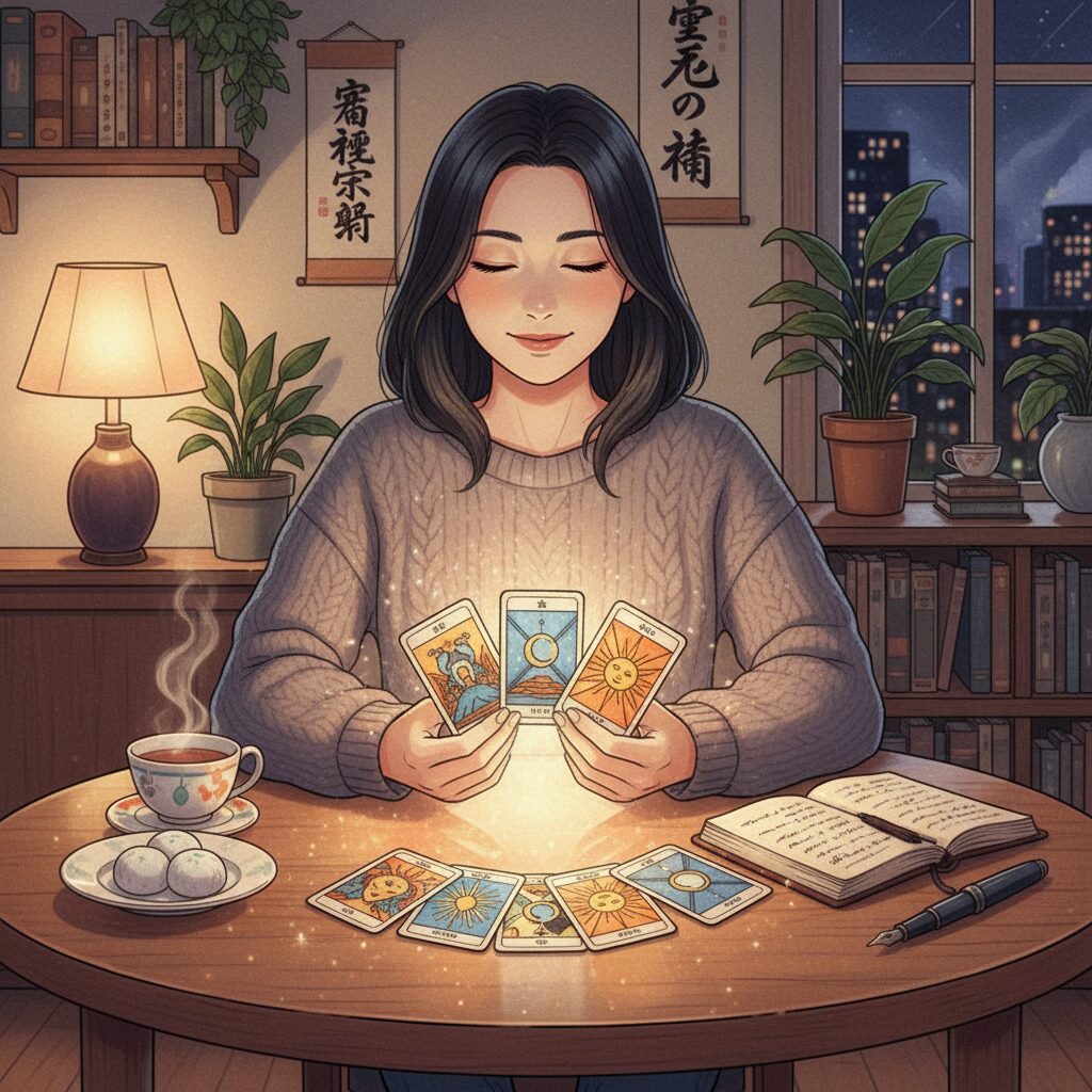 タロットカードの前に座り、目を閉じて直感に耳を傾けながらリーディングのコツを実践する日本人女性。