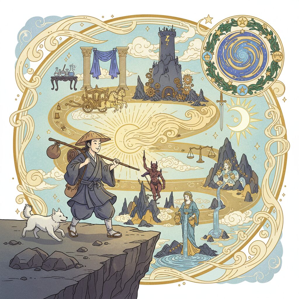 「愚者の旅」を表現するイラスト。日本人旅行者がタロットの大アルカナの象徴的な要素を巡りながら成長していく物語。