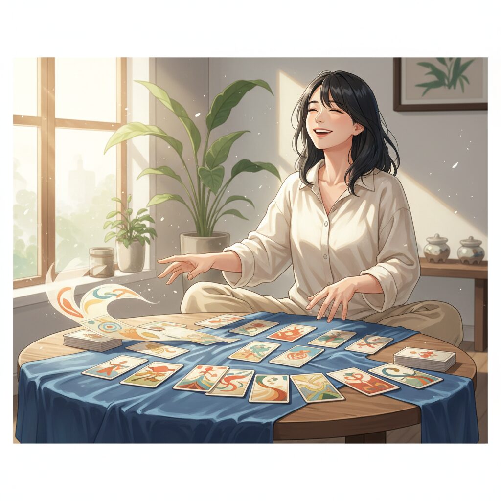 タロットカードを自由に並べ、覚えずに感覚で楽しんでいる様子の、穏やかで幸せそうな日本人女性。