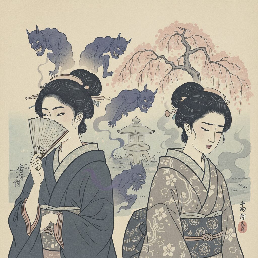 不安を煽る側の日本人女性が、自身の不安や劣等感を他者に投影している様子を描いたイラスト。
