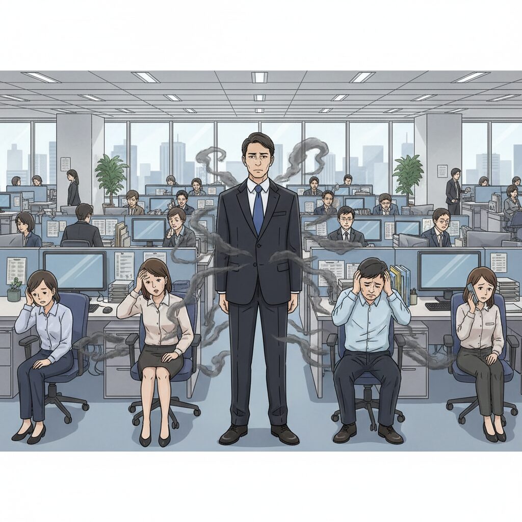 職場でネガティブな波動を放ち、周囲の日本人同僚に影響を与える人物と、疲弊する周囲の人々を描いたイラスト。
