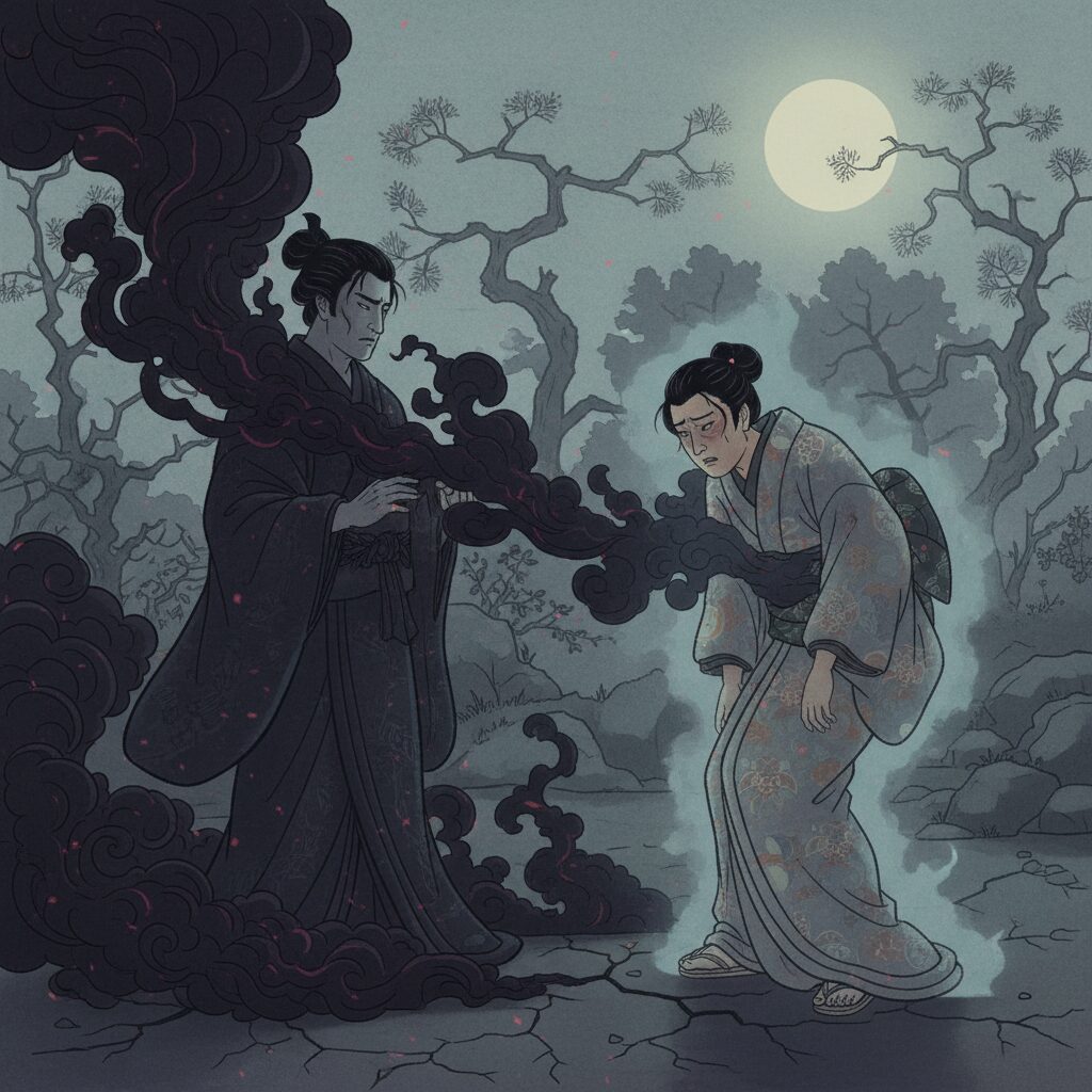 重たい低い波動を放つ人物と、それに影響され不快感やだるさを感じる日本人女性のイラスト。