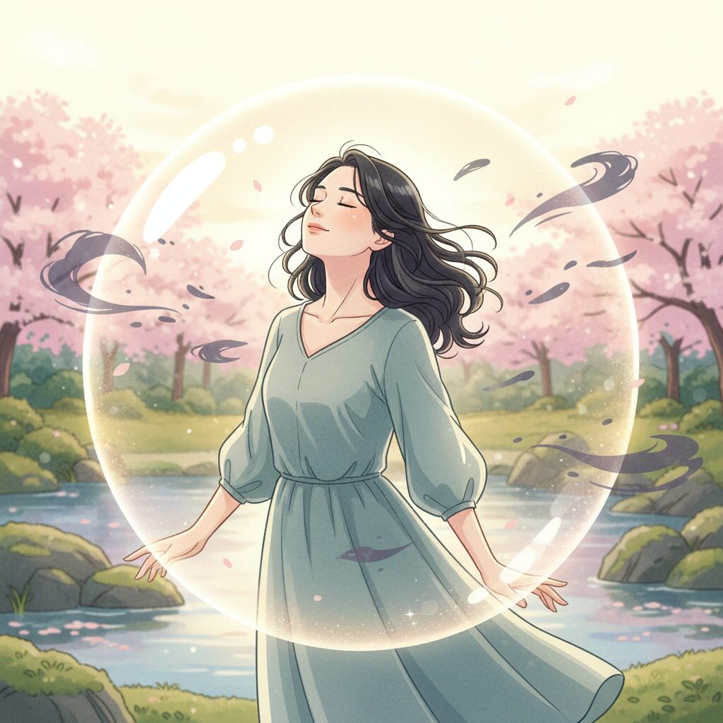 深呼吸しながら、透明な光のバリアで自分を守り、心を落ち着かせている日本人女性のイラスト。