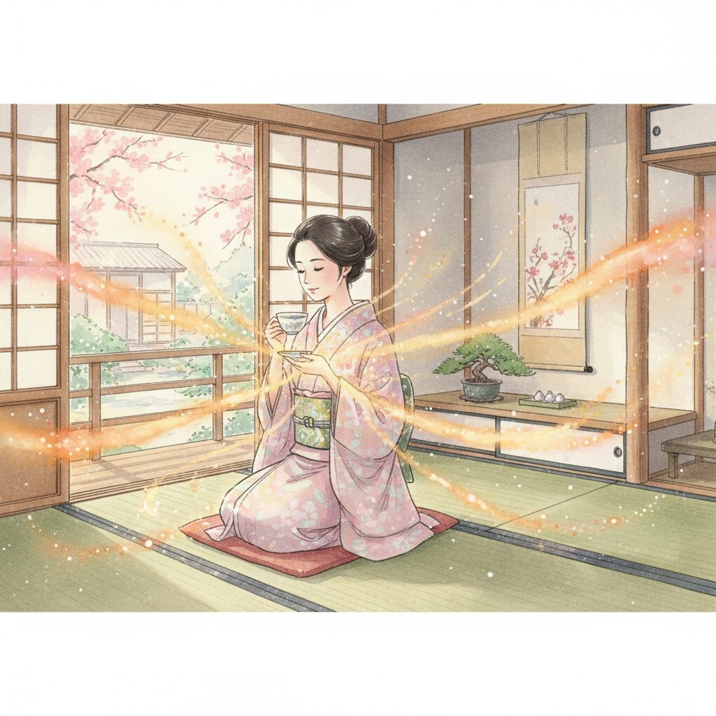 好きな音楽を聴いたり、自然の中でくつろいだりして、心地よい時間を過ごし、自身の波動を整えている日本人女性のイラスト。