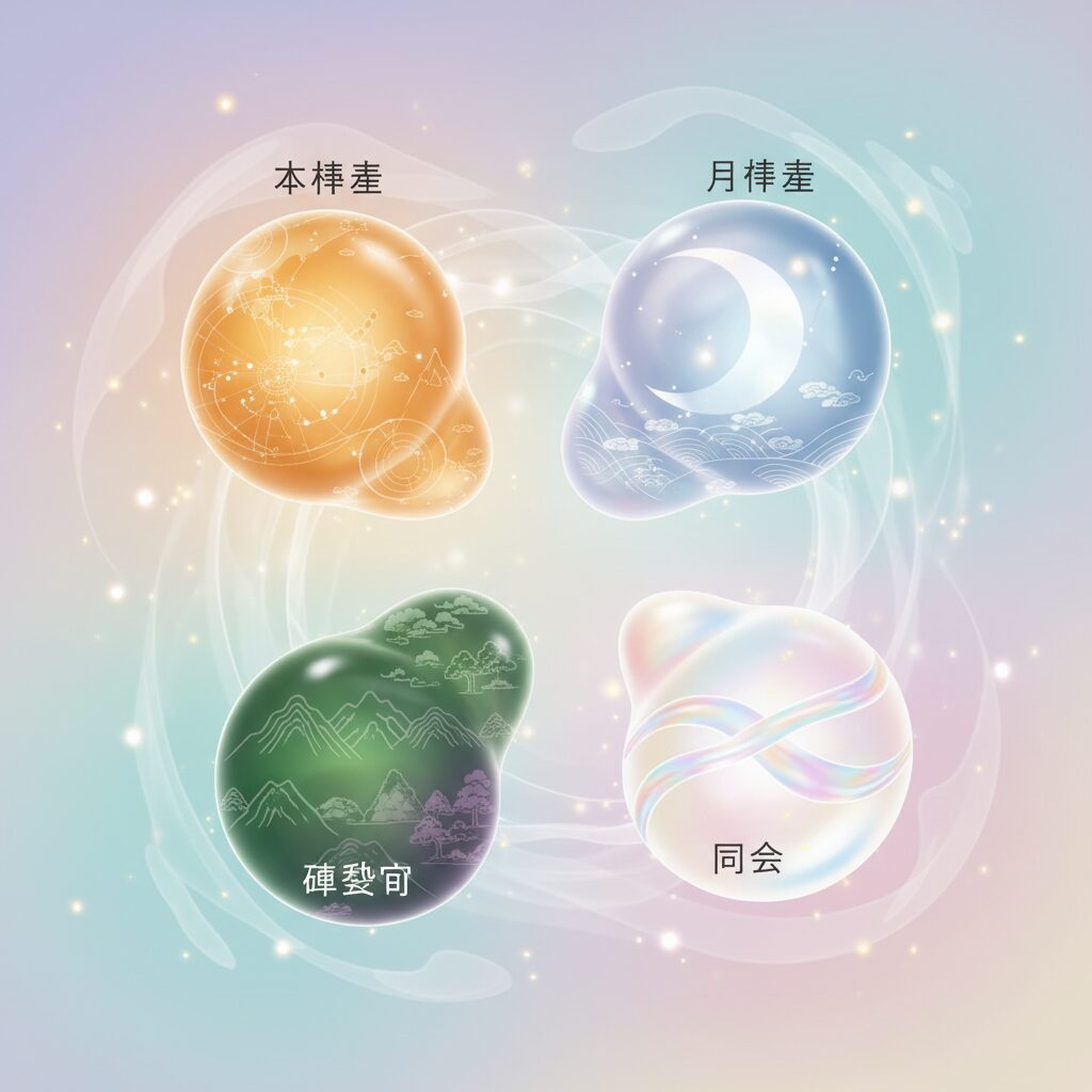 日本人の女性の心の中に、本命星、月命星、傾斜宮、同会宮の4つの輝く要素が互いに作用し合い、多面的な自己を形成している抽象的なイメージ。