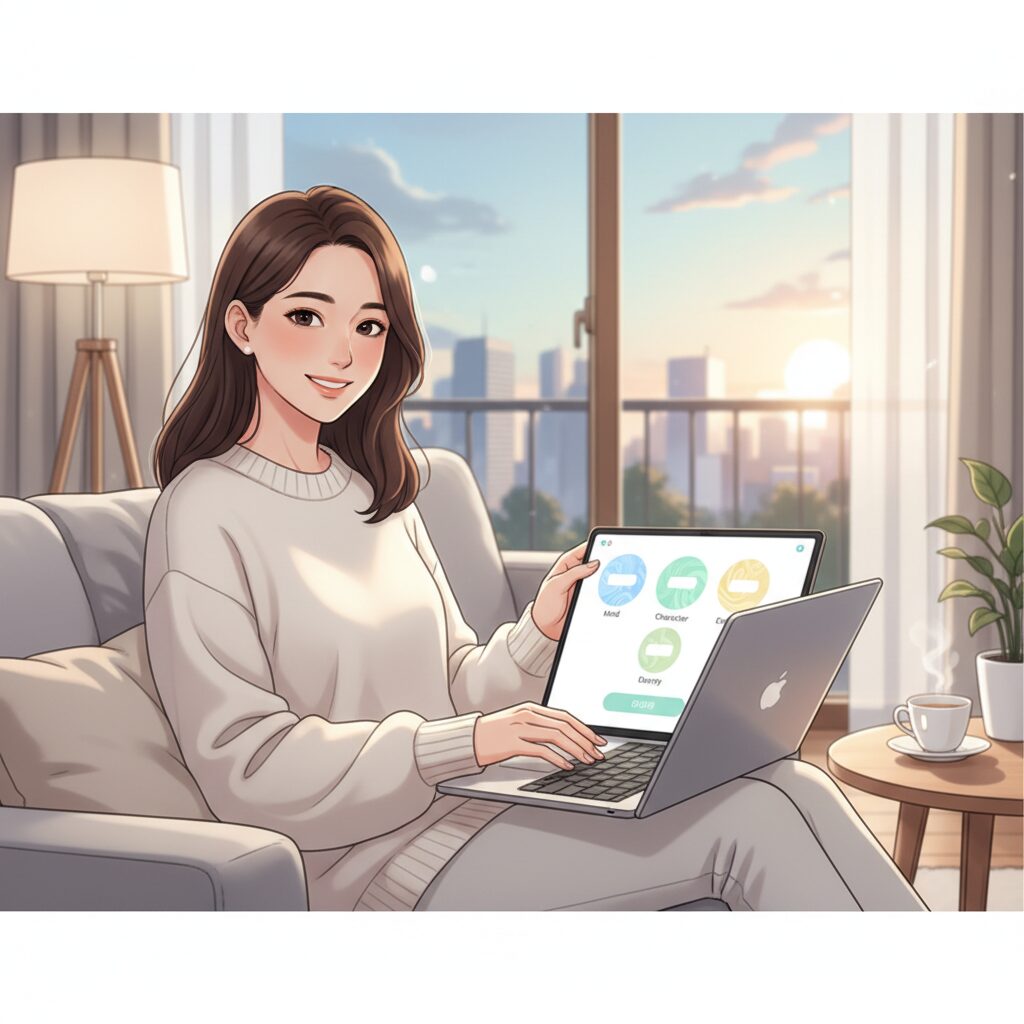笑顔の日本人の女性が、九星気学の無料自動計算ツールが画面に表示されたパソコンを快適に操作している様子。