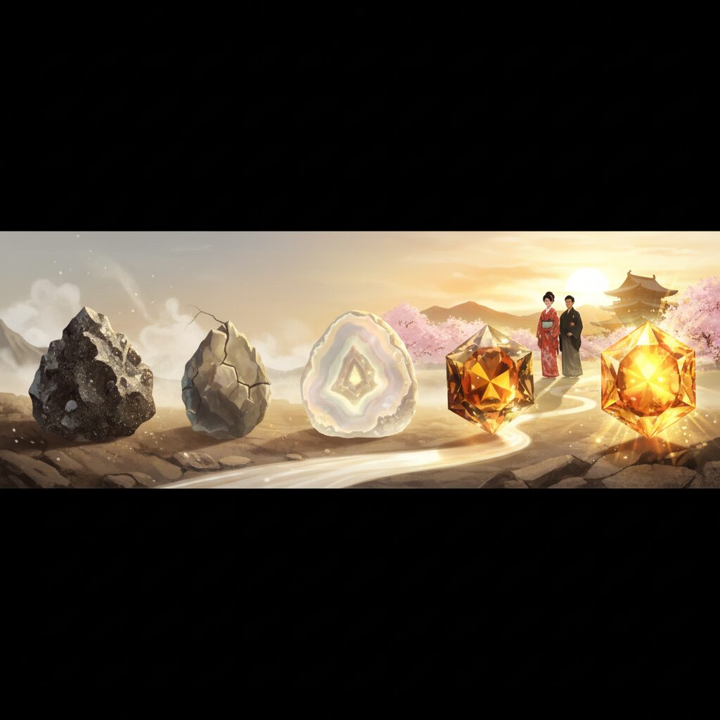 磨かれる前の原石が、長い年月を経て輝く宝石へと変化する様子を描いたイラスト。六白金星の「大器晩成」と「最強運」を象徴している。
