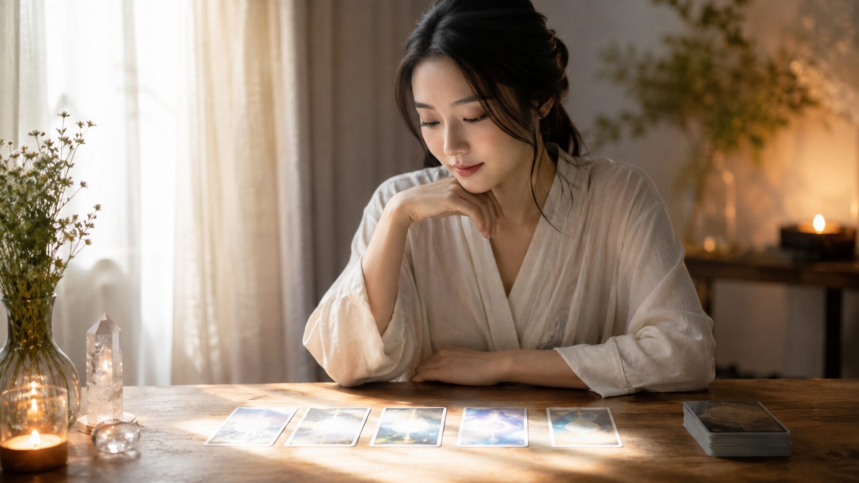 タロットカードを前に自分の心と向き合う日本人女性