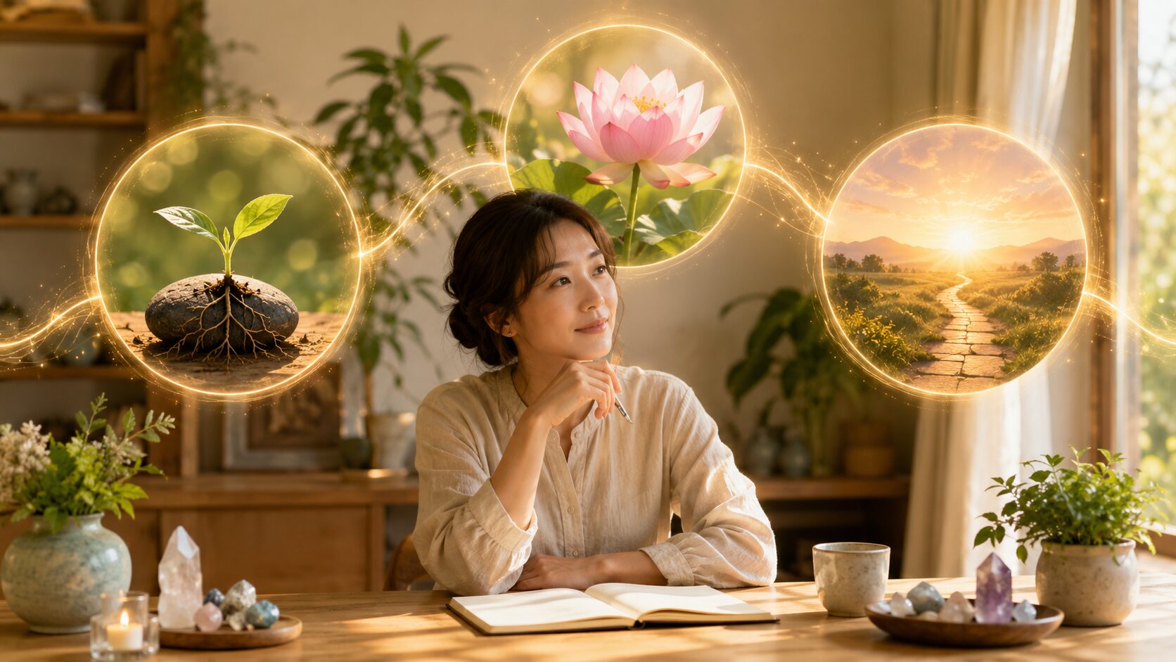 数秘術で過去数・現在数・未来数をやさしく整理する日本人女性のイメージ