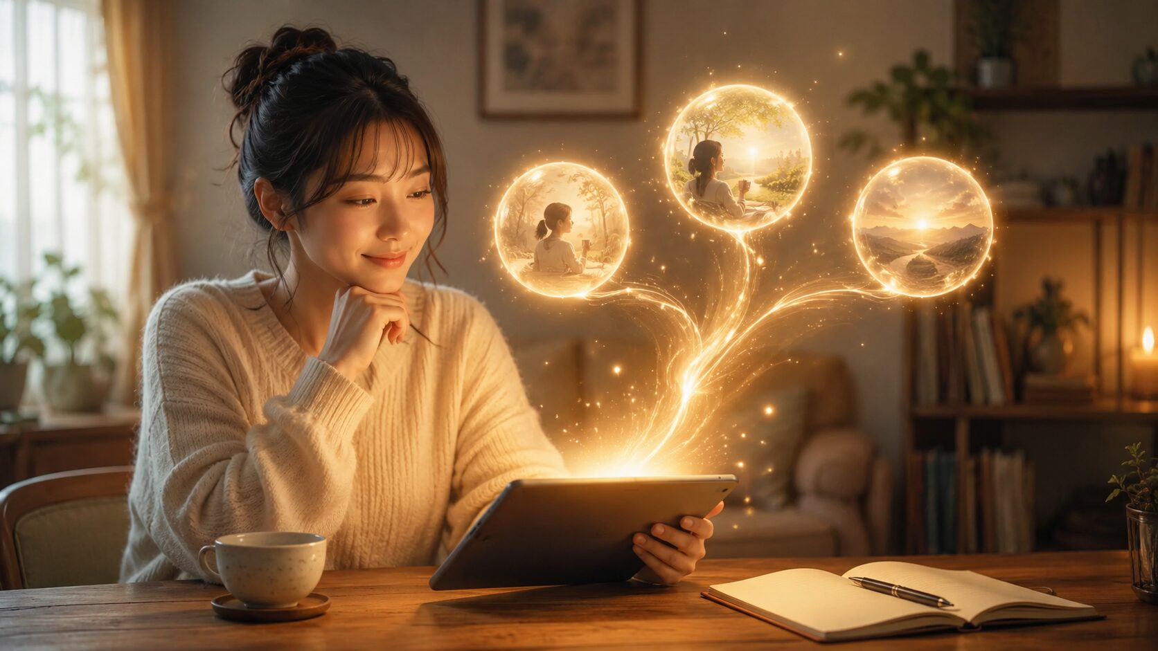 　　- タブレットで数秘術の自動計算結果を確認する日本人女性