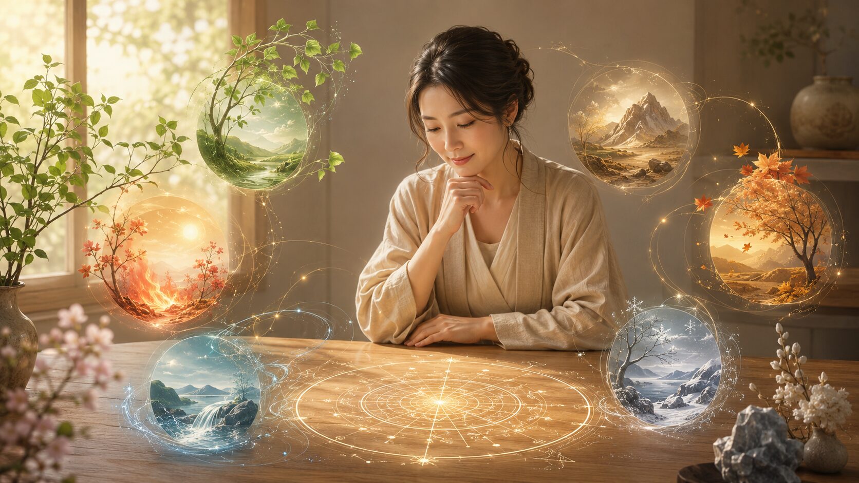 算命学の人生設計図を五行と四季の光で表した女性のイメージ画像