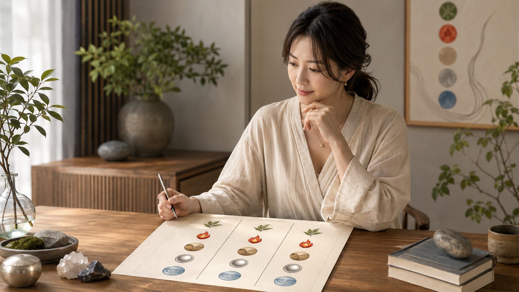 算命学の完全格を学ぶ日本人女性が五行の命式をやさしく確認している様子
