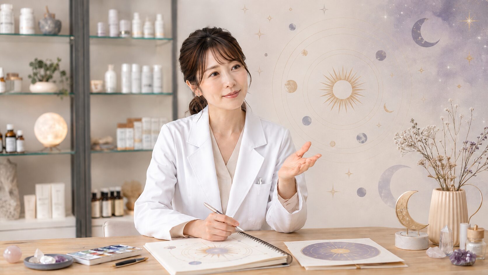 薬剤師の日本人女性が占星術の図を見ながら、星座記号の意味をやさしく解説している様子