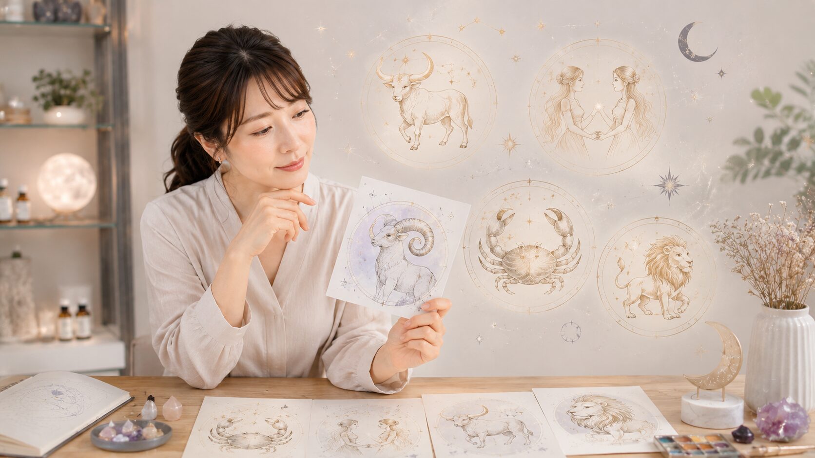 星座を表す動物や人物のイラストを見ながら、占星術の星座記号を学ぶ日本人女性