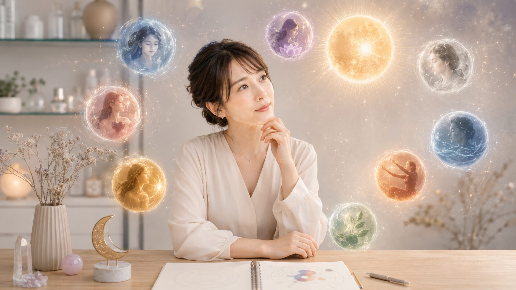太陽や月などの天体イメージに囲まれながら、心の働きと占星術を考える日本人女性