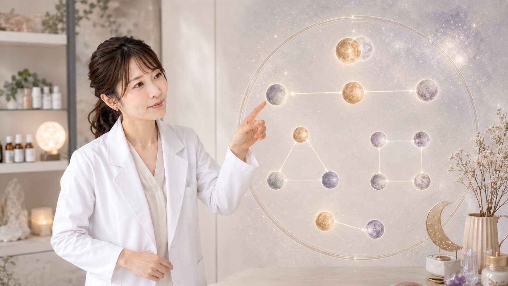 天体同士を線で結んだ図を見ながら、占星術のアスペクトによる関係性を解説する日本人女性