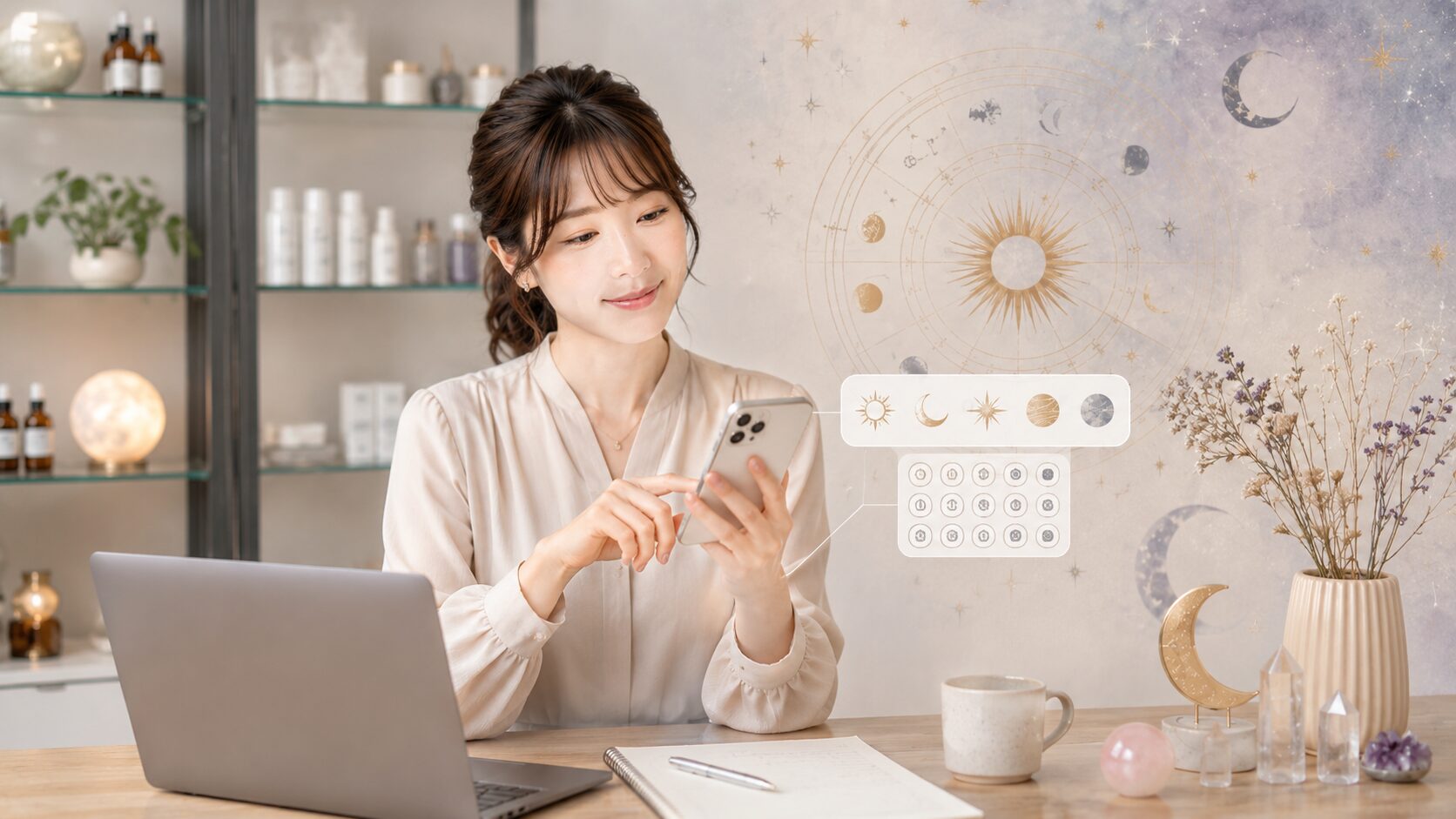 スマホとパソコンを使って、占星術記号を入力しやすく整理している日本人女性
