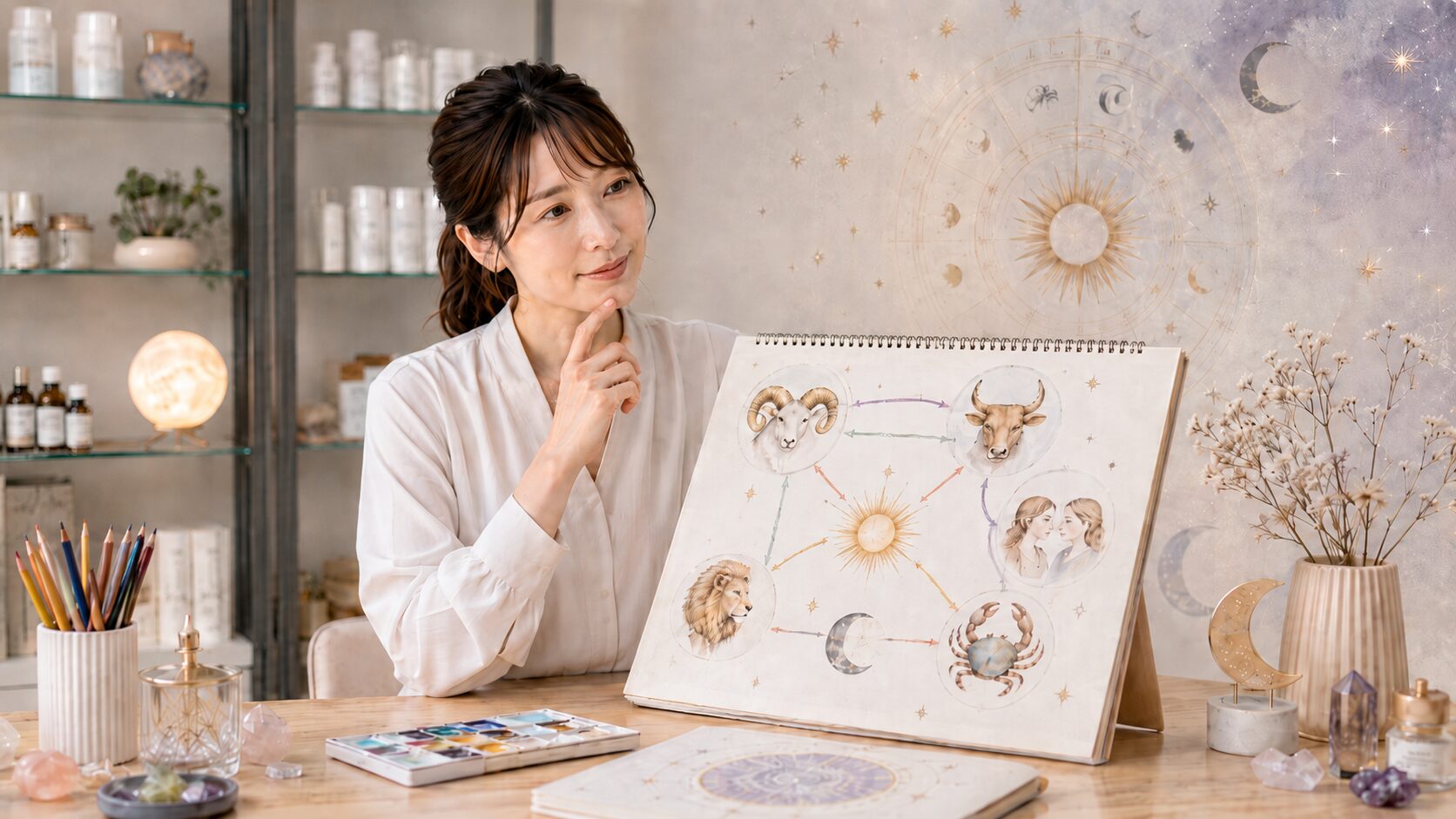 日本人女性が星座のイラストを見ながら、占星術記号の形と意味を結びつけて学んでいる様子