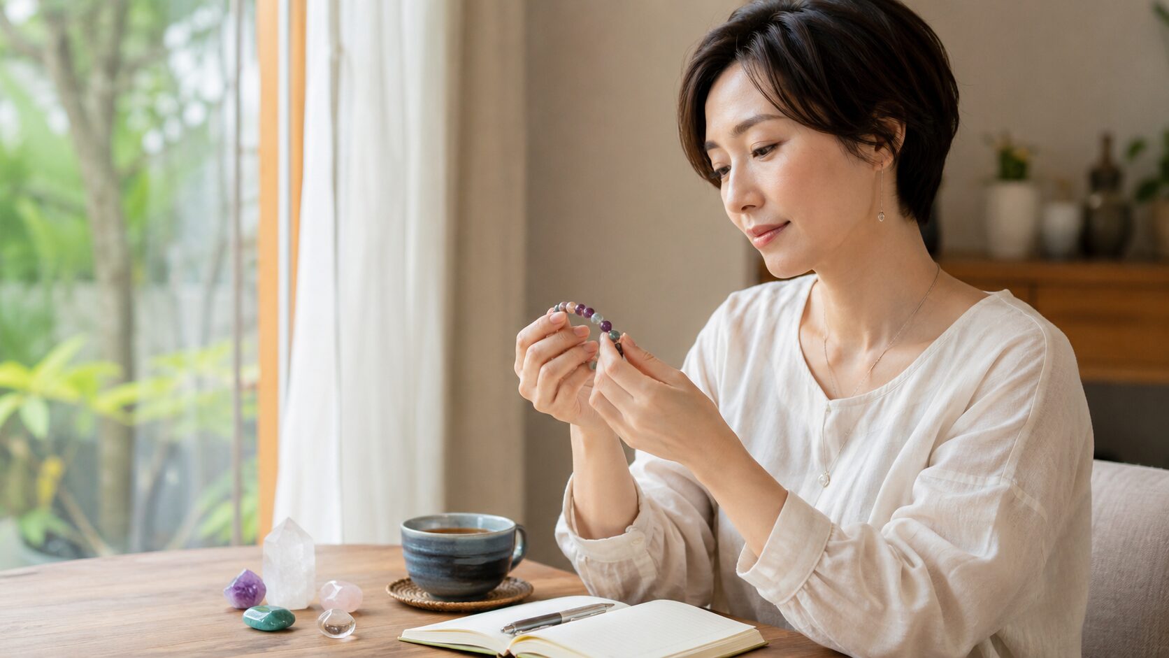 パワーストーンのブレスレットを手に取り心と体の変化を静かに見つめる日本人女性
