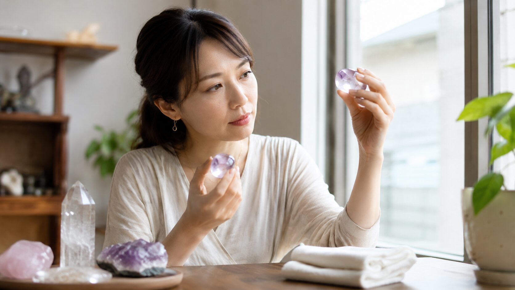 窓辺で天然石を光にかざし色や透明感の変化を確認する日本人女性